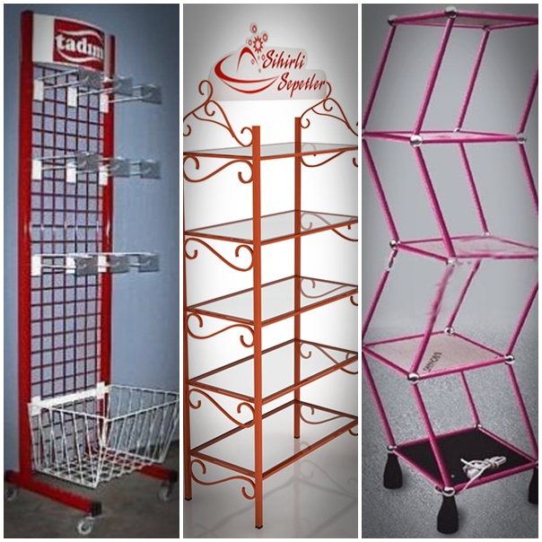 İlgili ürünlerinin sergilenmesi amacıyla; plastik metal ahşap ve benzeri malzemeler yardımıyla üretilmiş raf, askı, sepet gibi aksamları bulunan, yapısı itibari ile ayaklı, masa üstü ya da askı yapıda olabilen mobilyalarına verilen genel addır.
